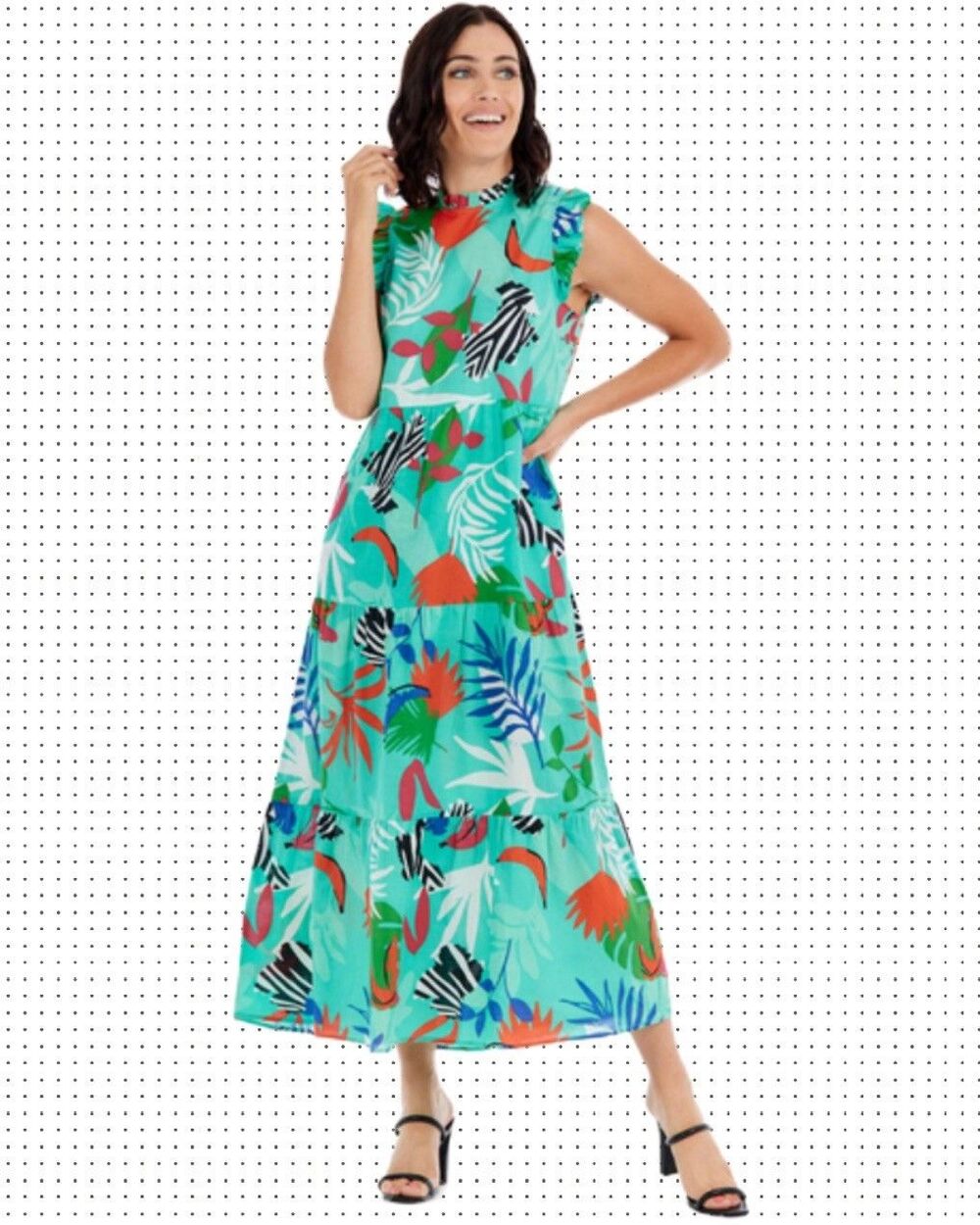 Mud Pie Flutter Sleeve Maxi Dress Tiered Bottom Tropical Boho Size Large NWT